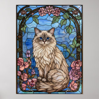 Póster Gato Ragdoll Mosaico Floral de Vidrio Emplomado