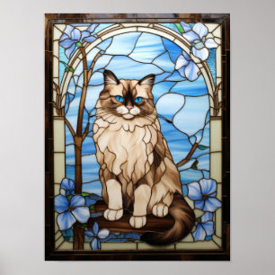 Póster Gato Ragdoll Ventana de Vidrio Emplomado con Flore