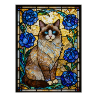 Póster Gato Ragdoll Vidrio Emplomado Rosas Azules Impresi