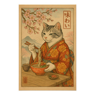 Póster Gato Ramen – Gato de estilo japonés disfrutando de
