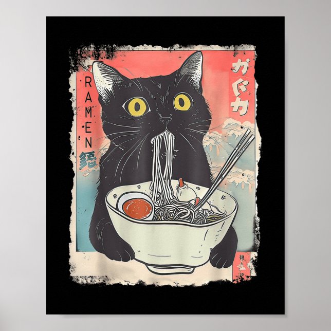 Póster Gato Ramen Noodle japonés Anime Manga Ramen Kawaii (Frente)