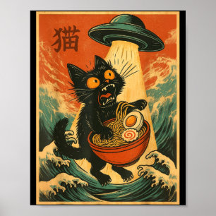Póster Gato Ramen Ovni Camiseta Divertida Japonesa Anime 