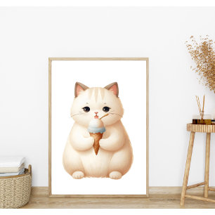 Póster Gato redondo pastel cute con cono de helado
