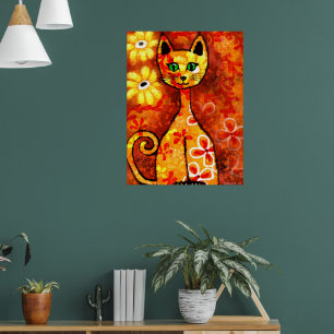 Póster Gato retro caprichoso Kitty Floral Amarillo Naranj