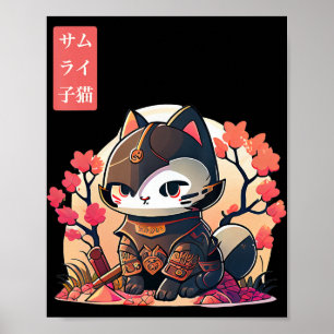 Póster Gato retro kawaii samurai con árbol de flores de c