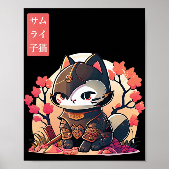 Póster Gato retro kawaii samurai con árbol de flores de c (Frente)
