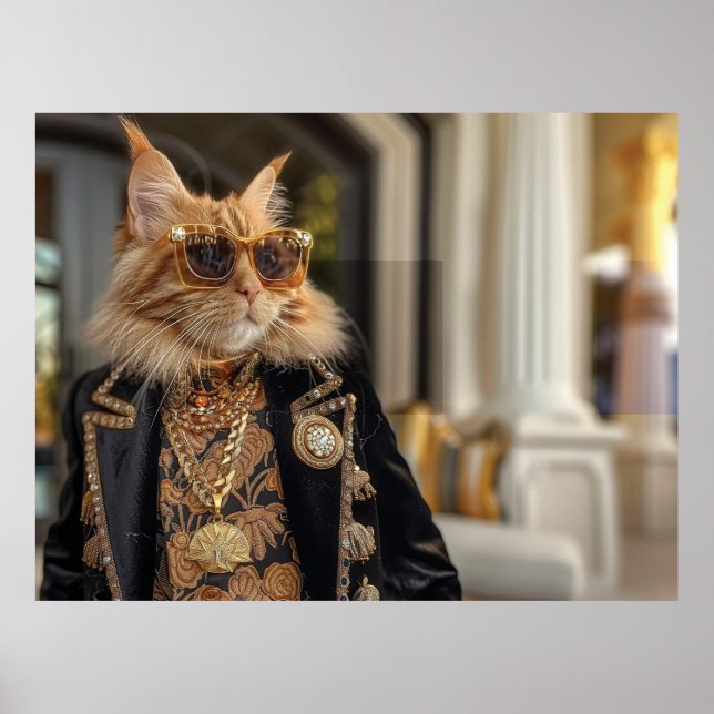 Póster Gato rico parado frente a una mansión (Frente)