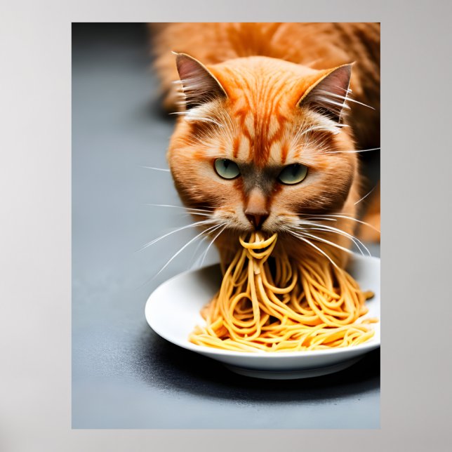 Póster Gato Rojizo Comiendo Espaguetis (Frente)
