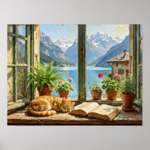 Póster Gato Rojizo Durmiendo en el Alféizar Alpino