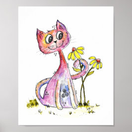 Póster Gato rosa delicioso lindo con flores amarillas