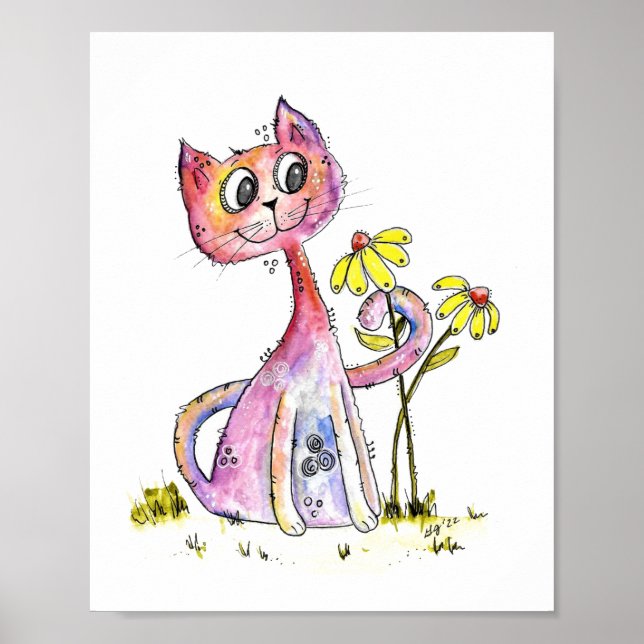 Póster Gato rosa delicioso lindo con flores amarillas (Frente)