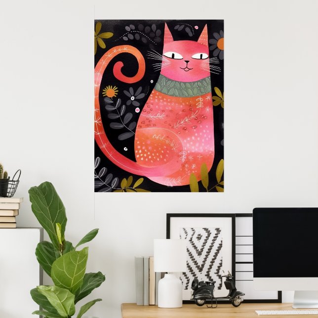 Póster Gato rosa floral (Oficina en casa)