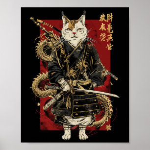 Póster Gato samurai con kanji japonés dragón