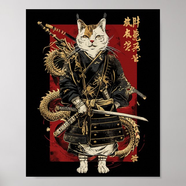Póster Gato samurai con kanji japonés dragón (Frente)