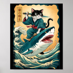 Póster Gato Samurái Divertido Montando Tiburón Gato Vinta