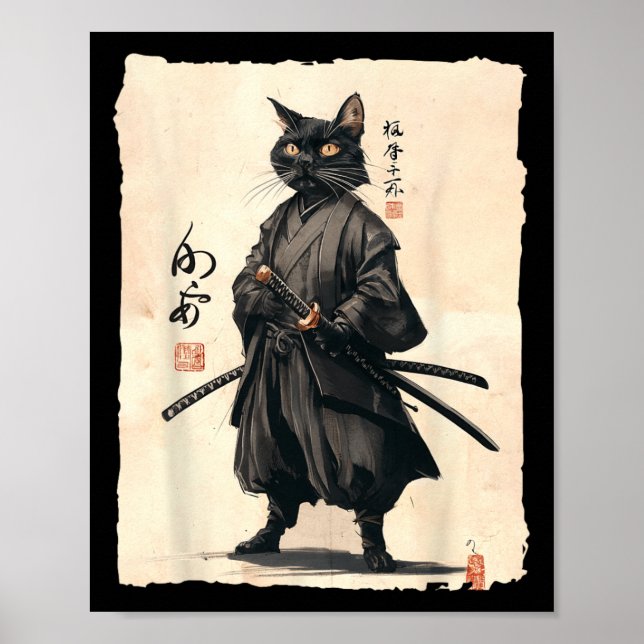 Póster Gato Samurai Gato Japonés Anime Gato Amante Gracio (Frente)
