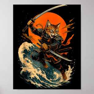 Póster Gato Samurái Gif de Anime Japonés Vintage Ukiyo-e