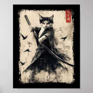 Póster Gato Samurai Gráfico Tee Guerrero Vintage Japonés