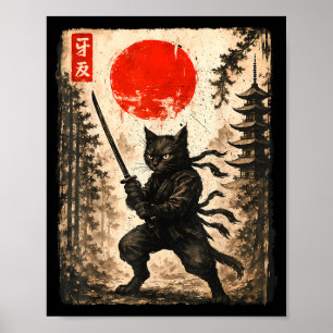 Póster Gato Samurái Japonés Hombres Niños Gráfico Anime