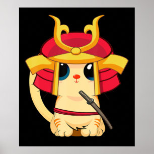 Póster Gato samurai lindo japonés anime cosplay halloween