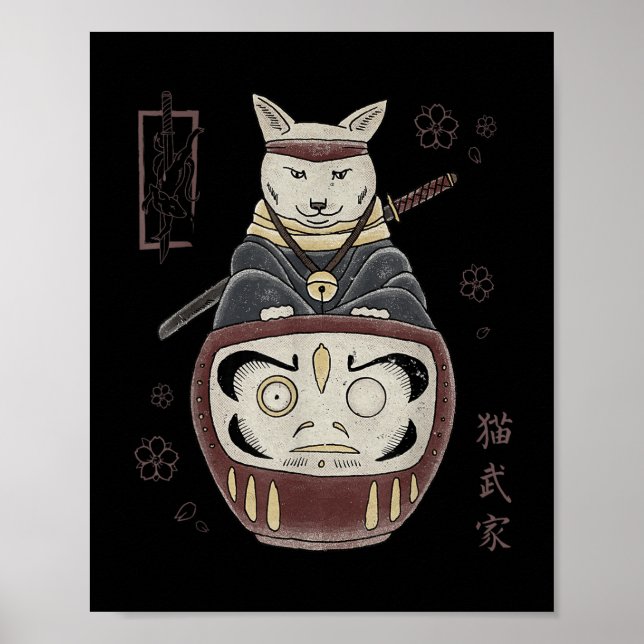 Póster Gato Samurai Ninja Japonés En Daruma Tradicional T (Frente)