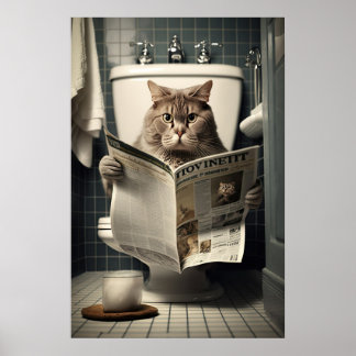 Póster Gato sentado en el inodoro leyendo un periódico