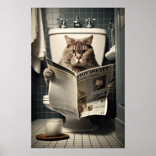 Póster Gato sentado en el inodoro leyendo un periódico (Frente)