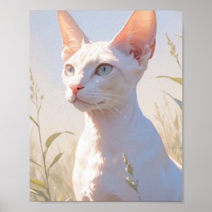 Póster Gato Sfinx Blanco y Flores