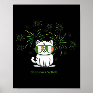 Póster Gato Shamrock N Roll Día de San Patricio Hombres M