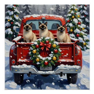 Póster Gato Siamés Camión Rojo Navidad Fiesta
