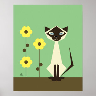 Póster Gato Siamés Con Flores