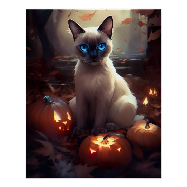 Póster Gato siamés de Halloween con calabazas aterradoras (Anverso)