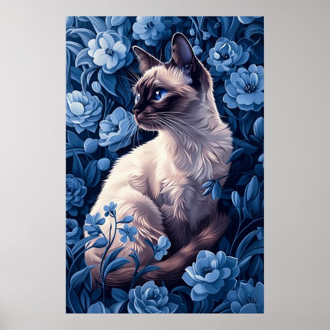 Póster Gato siamés en flores azules (Frente)