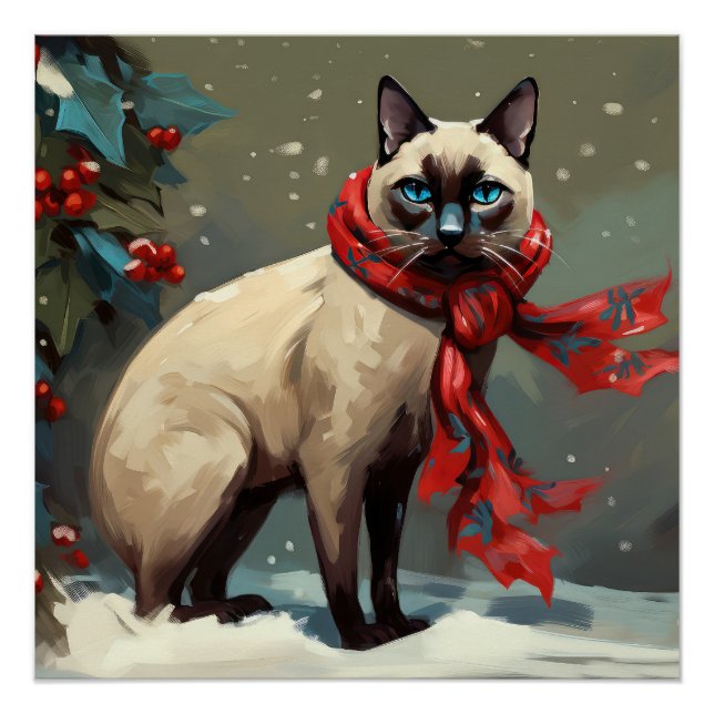 Póster Gato siamés en Navidad de nieve (Anverso)