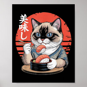 Póster Gato siamés japonés comiendo sushi Kawaii Anime Ca