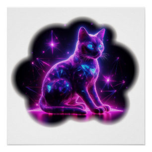 Póster Gato siamés neon púrpura con ojos azules y Starbur