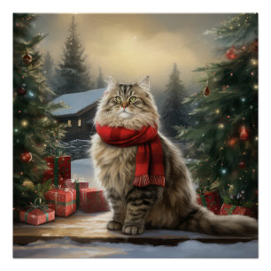 Póster Gato siberiano en Navidades de nieve