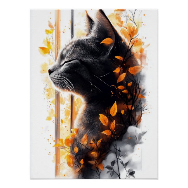 Póster Gato soñado en una brisa otoñal junto a la ventana (Anverso)