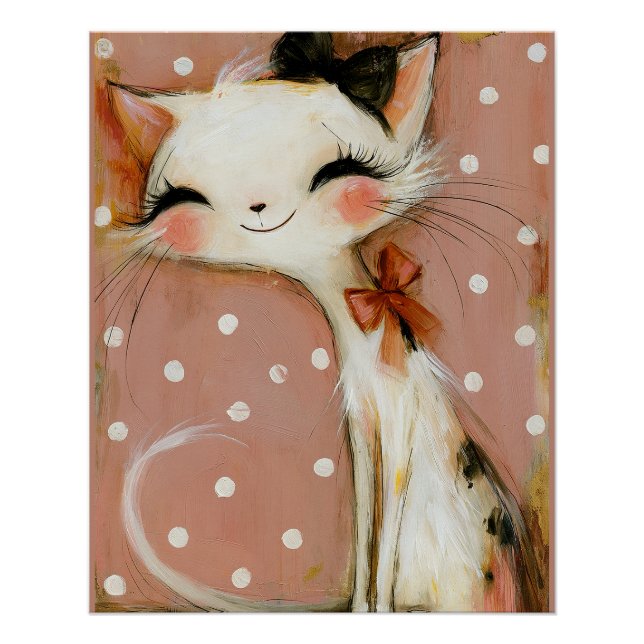 Póster Gato Sonriente Rojo Carmesí Rosa Discreto (Anverso)