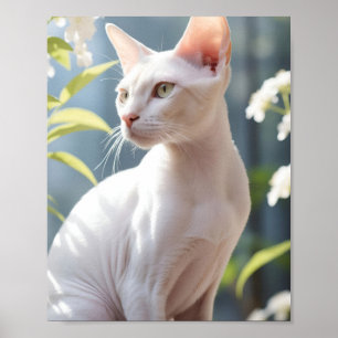 Póster Gato Sphynx Blanco y Flores