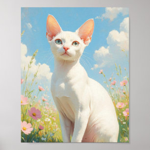 Póster Gato Sphynx Blanco y Flores
