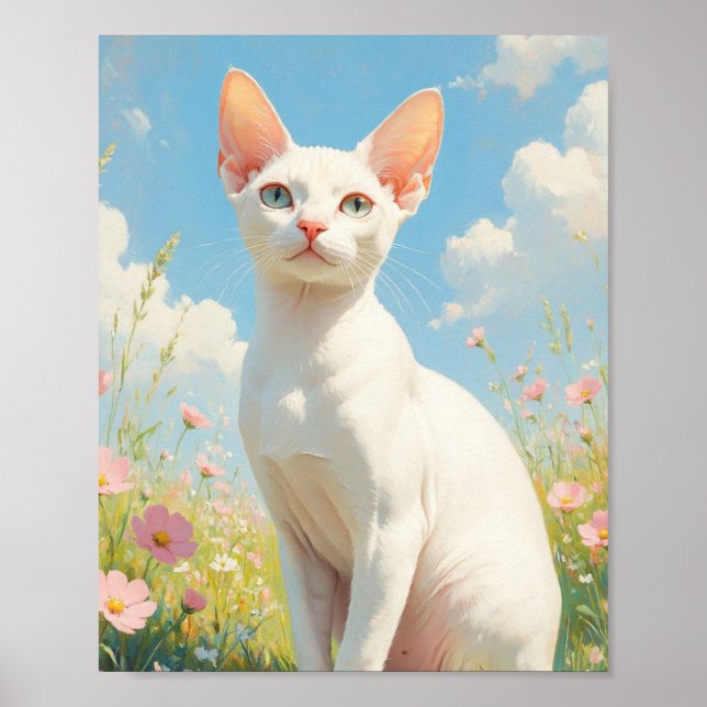 Póster Gato Sphynx Blanco y Flores (Frente)