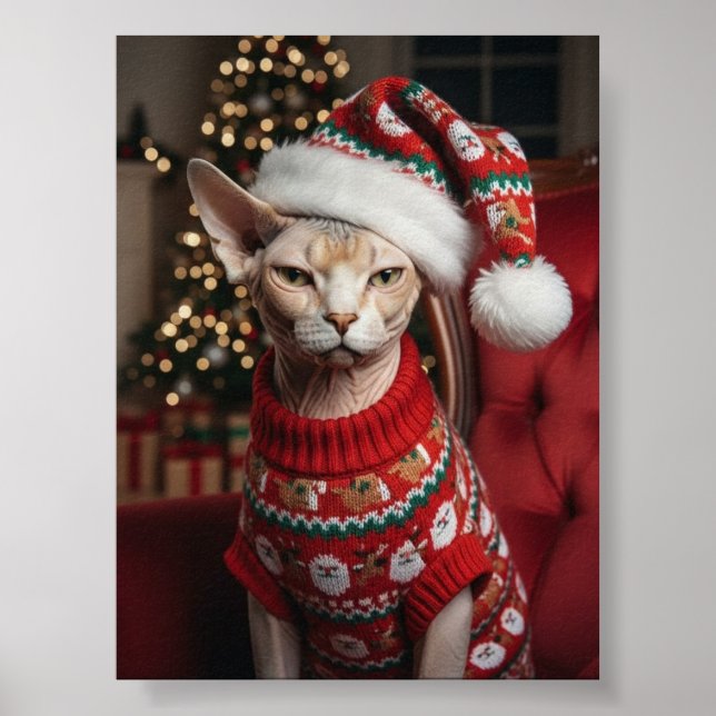 Póster Gato Sphynx de Navidad divertido con suéter (Frente)