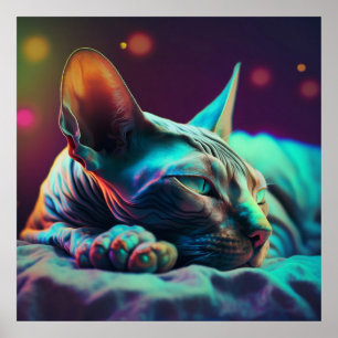 Póster Gato Sphynx descansando en luz azul verdoso y mage