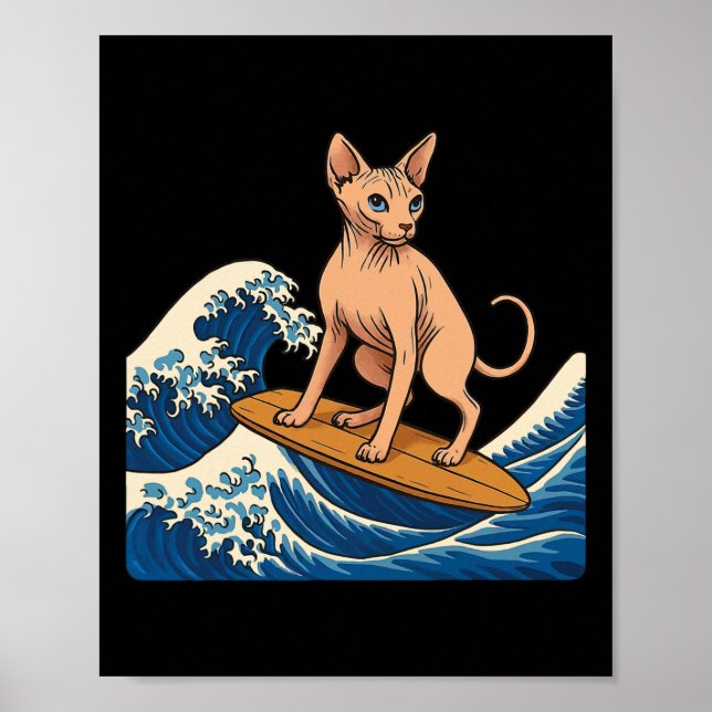 Póster Gato Sphynx surfeando ola japonesa (Frente)