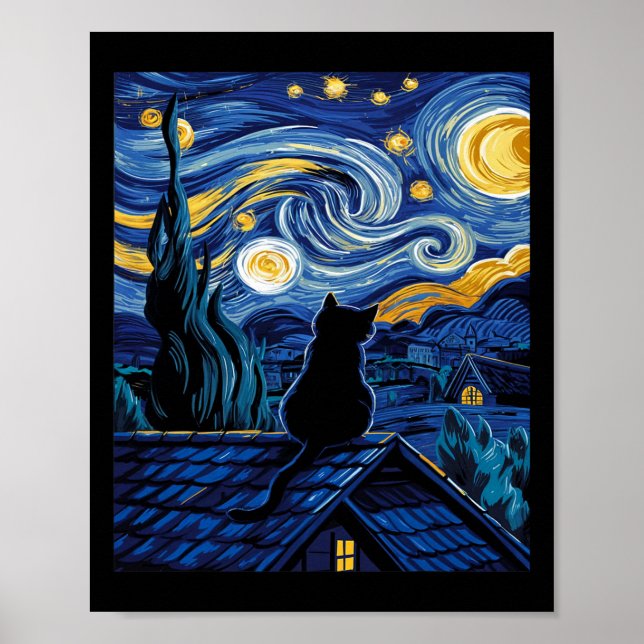 Póster Gato Starry Night Van Gogh Cat Art Lover Funny Cat (Frente)