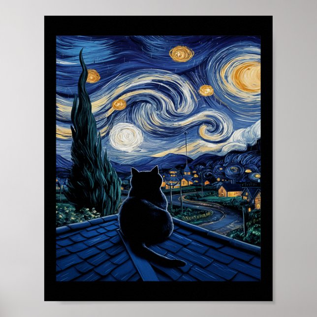 Póster Gato Starry Night Van Gogh Cat Art Lover Funny Cat (Frente)