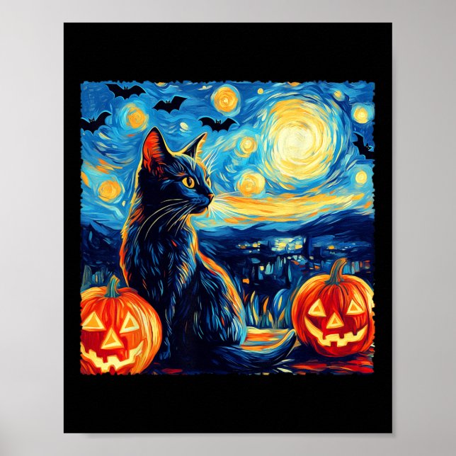 Póster Gato Starry Night Van Gogh Cat Lover Bats Pumpkins (Frente)