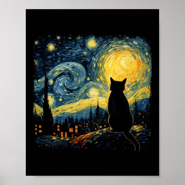 Póster Gato Starry Night Van Gogh Cat Para Gato Que Perte (Frente)