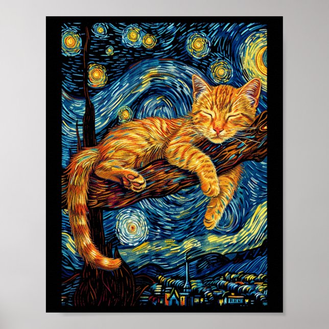 Póster Gato Starry Night Van Gogh Cat Para Gato Que Perte (Frente)